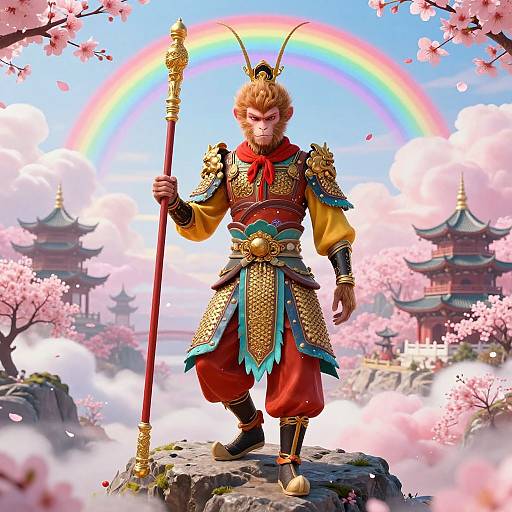 Digital art of a fierce, armored warrior with golden horns, holding a staff, standing on a rock under a rainbow and cherry blossoms.
