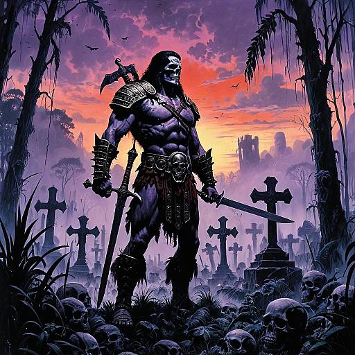 Valiant Barbarian Warrior in Misty Graveyard