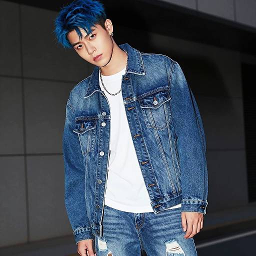 Young Man with Blue Hair in Denim Outfit