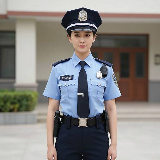Photograph of a young Asian female police officer in a light blue uniform, black tie, and cap, standing in front of a government building.