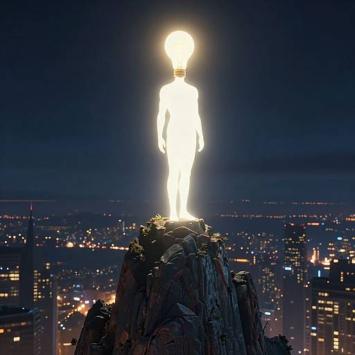 Photograph of a glowing, white, human-shaped light bulb statue standing on a rocky peak, illuminated against a dark, cityscape background.