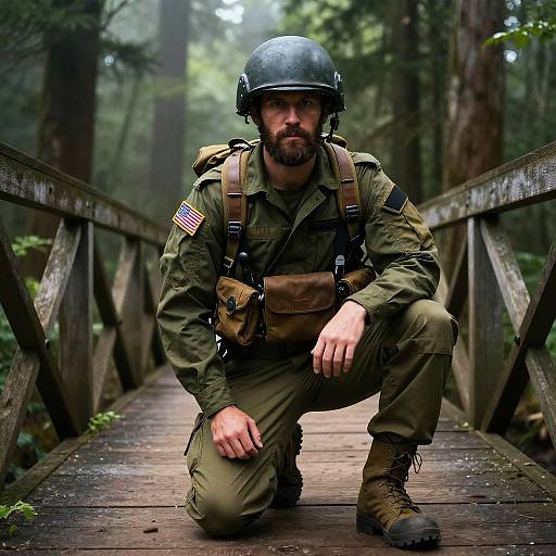 Photograph of a bearded male soldier in green camouflage uniform, black helmet, and brown backpack, crouching on a wooden bridge in a mist