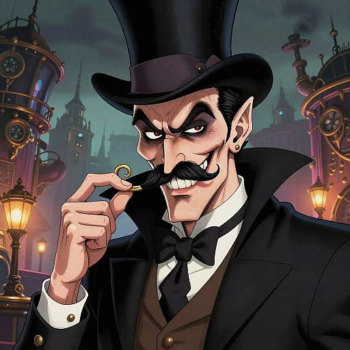 Evil Cartoon Villain in Steampunk City