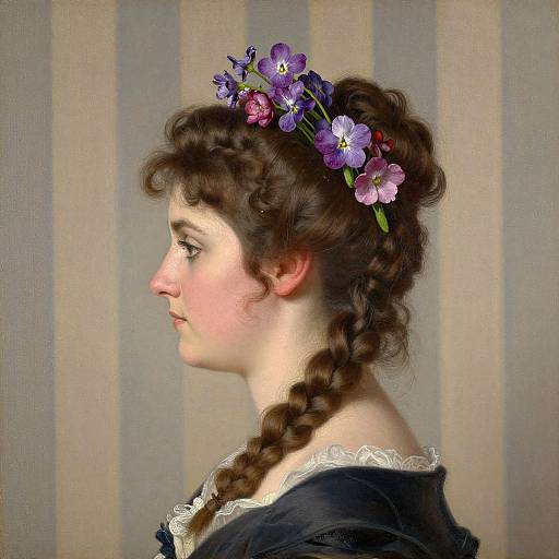 Photograph of a fair-skinned woman in profile, wearing a black dress with white lace, braided brown hair, and a purple flower crown,