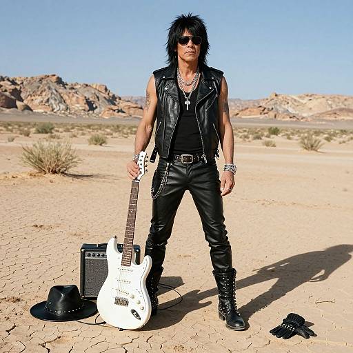Rock musician in black leather vest, pants, and boots, standing in desert with white electric guitar, amp, hat, and boots.
