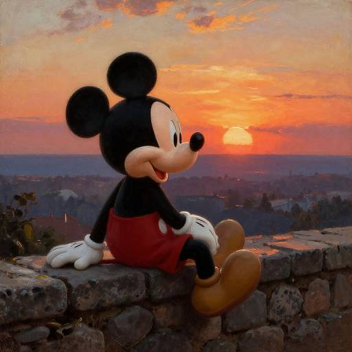 Digital painting of Mickey Mouse sitting on a stone wall at sunset, wearing red shorts and white gloves, with an orange sky and distant landscape behind him.