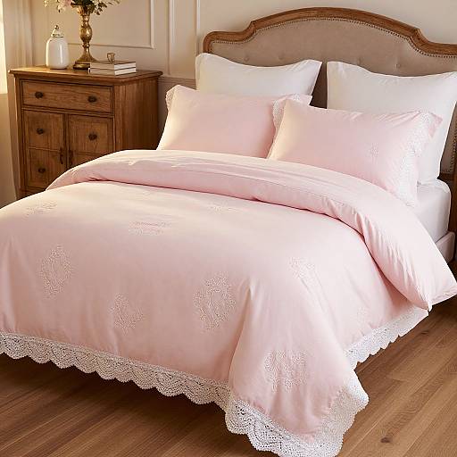 Pink Princess Bedding Set with Lace and Floral Embroidery