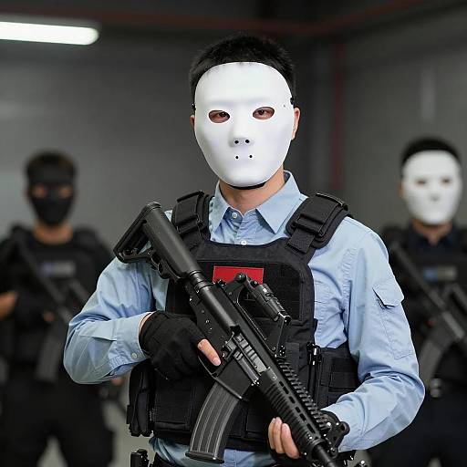 Masked Tactical Gunman Holding Assault Rifle