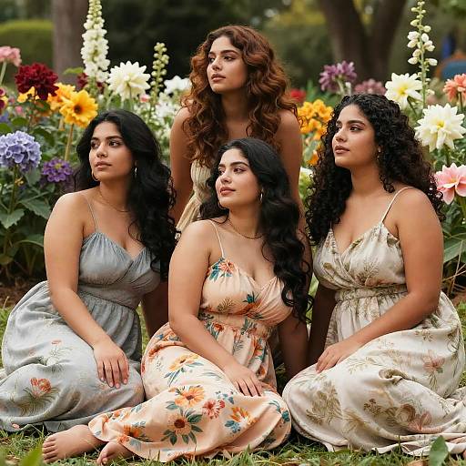 Photograph of four women with curly hair, wearing floral dresses, kneeling in a vibrant garden with colorful flowers, standing woman in background.