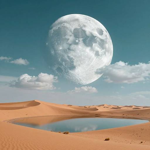 Photorealistic digital art of a bright full moon in a clear blue sky over a desert with orange sand dunes and a reflective oasis pool.