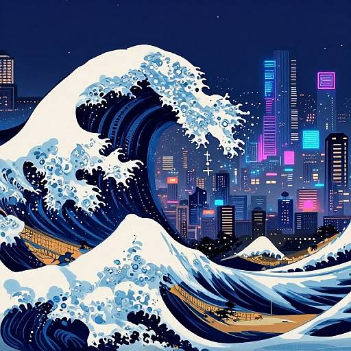 Digital art: Vibrant cityscape at night with neon-lit skyscrapers, juxtaposed against dynamic, white-capped ocean waves in traditional u