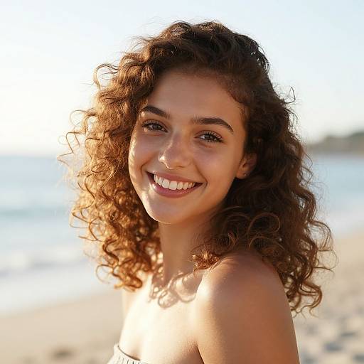 Photograph of a smiling young woman with curly brown hair, fair skin, and bright eyes, topless on a sunny beach.