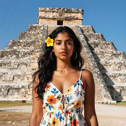 Photograph of a young woman with long black hair, yellow flower, hoop earrings, and floral dress, standing in front of an ancient Mayan pyramid