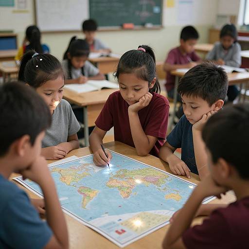 Photograph of a classroom with diverse young children, mostly Asian, intensely studying a large world map on a table. Bright, focused lighting highlights their concentration