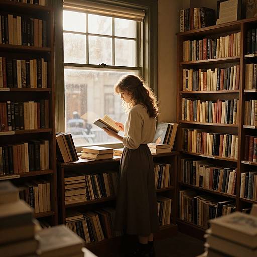 Photograph of a curly-haired woman in a white blouse and gray skirt, reading a book in a sunlit, book-filled library.