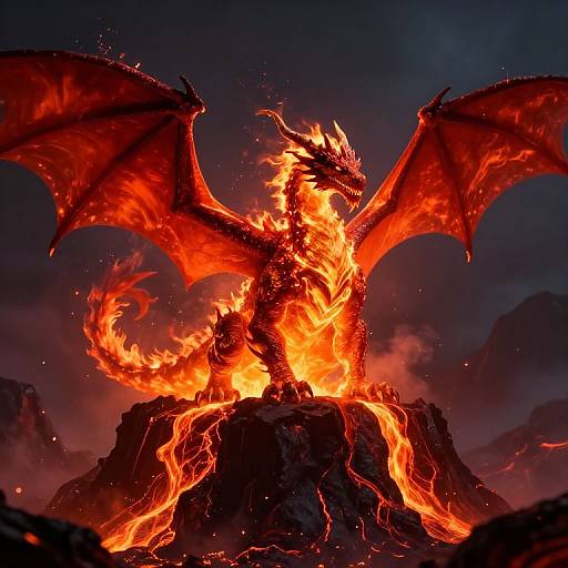 Digital illustration of a fierce, fiery red dragon with large wings standing on a glowing, lava-covered rock against a dark, cloudy sky. Bright, intense