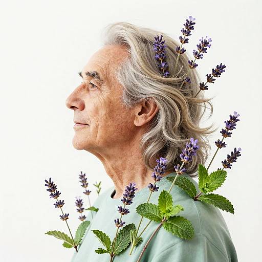 Photograph of an elderly white man with gray wavy hair, wearing a light green shirt, profile view, surrounded by lavender sprigs and leaves against