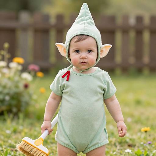 Photograph of a baby with green onesie, elf hat, and red ribbon, holding a yellow brush, standing in a sunny garden.