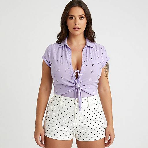 Photograph of a curvy woman with dark hair, wearing a tied lavender shirt, revealing cleavage, and white polka-dot shorts, standing against