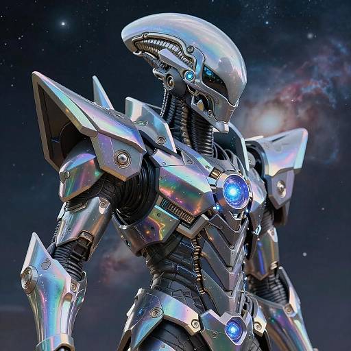 CGI image of a futuristic, metallic humanoid robot with iridescent armor, blue glowing lights, and a sleek helmet, set against a starry