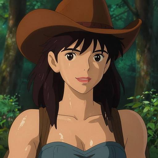 Anime-style drawing of a fair-skinned woman with black hair, wearing a brown cowboy hat and blue strap top, in a forest.