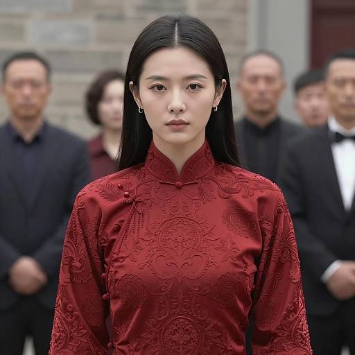 Asian woman in traditional red dress with serious expression