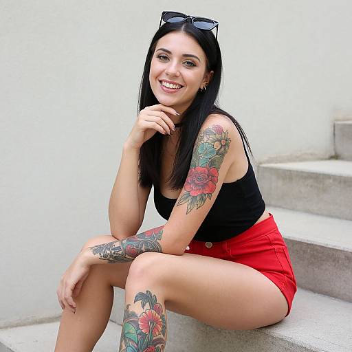 Photograph of smiling Latina woman with long black hair, tattoos on arm and leg, wearing black tank top and red shorts, sitting on concrete steps.