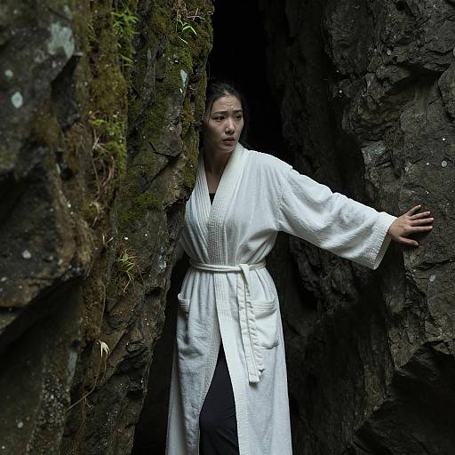 Woman in White Robe in Mossy Rock Crevice