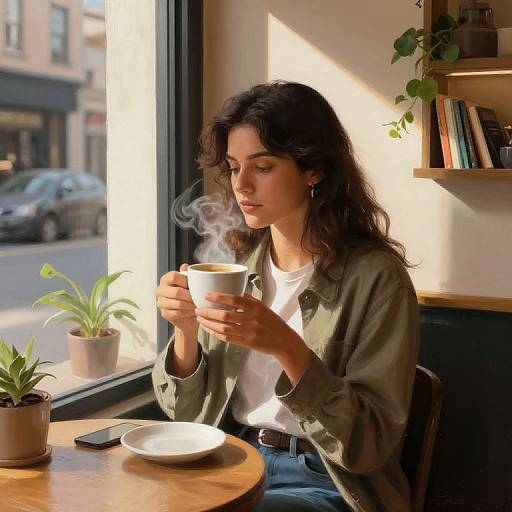 Woman Enjoying Steaming Coffee in Cozy Urban Cafe