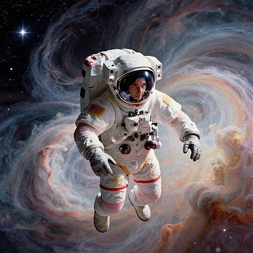 Photograph-like CGI of an astronaut floating in space, wearing a white spacesuit with red stripes, against a swirling cosmic background.