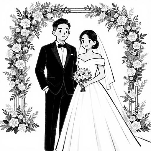 Black-and-white digital illustration of a smiling bride in an off-shoulder gown and veil, holding a bouquet, and a groom in a tux