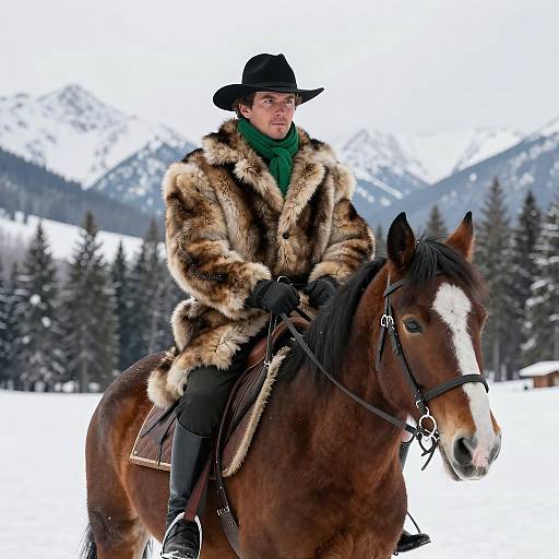 Man in Fur Coat Riding Brown Horse