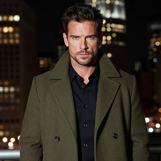 Photograph of a handsome, blue-eyed man with short dark hair, wearing a black shirt and olive green overcoat, standing in a nighttime cityscape