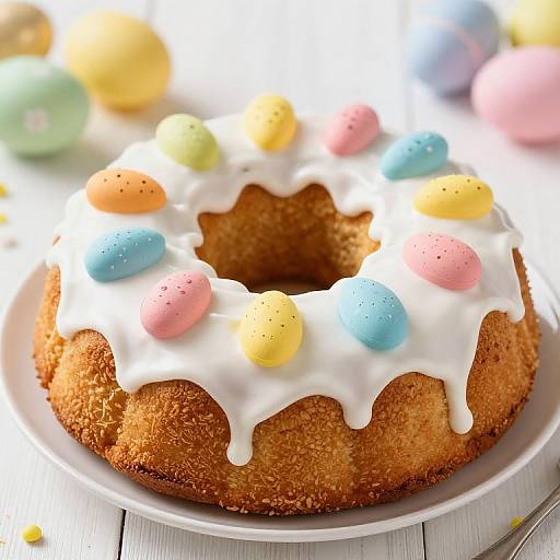 Photograph of a golden-brown donut cake topped with white icing, colorful Easter eggs, and soft light in a sunny kitchen.