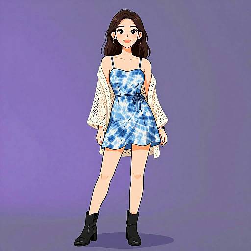 Anime-style digital drawing of a young woman with long brown hair, wearing a blue tie-dye dress, white off-shoulder sleeves, and black