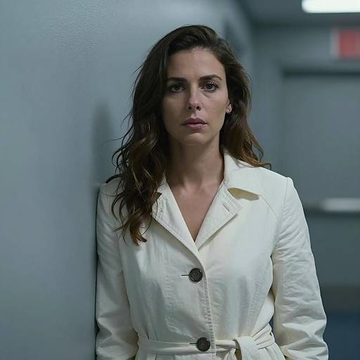 Serious Woman in Dim Blue Hallway