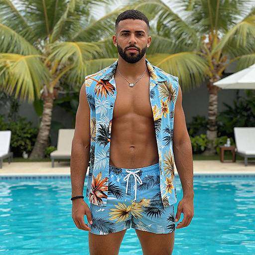 Photograph of a muscular, bearded Black man with short hair, wearing an open, blue floral shirt and matching shorts, standing poolside with palm