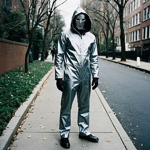 Tin Woman Costume on Urban Sidewalk