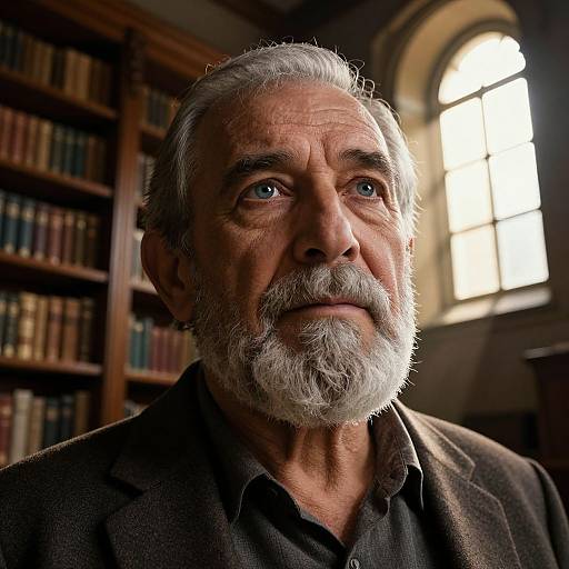 Photograph of an elderly man with white hair and beard, blue eyes, wearing a dark jacket, standing in a sunlit library with bookshelves