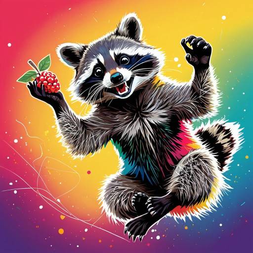 Joyful Digital Art Raccoon Holding Berry