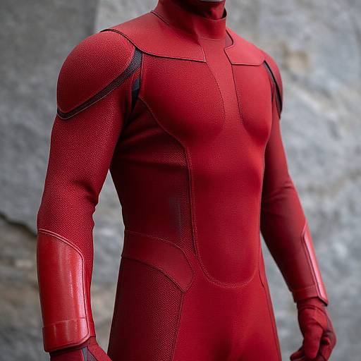 Photograph of a person wearing a red, textured, superhero-style costume with black accents, standing against a blurred gray stone wall.