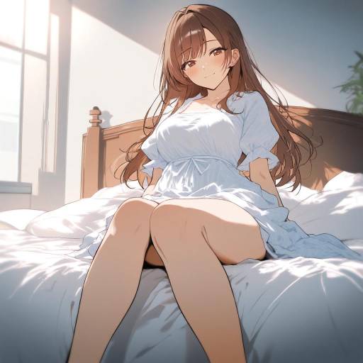 Charming Girl Sitting on Bed