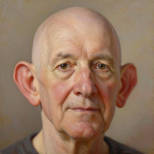 Photograph of an elderly bald man with fair skin, prominent ears, wrinkles, and a slight smile, wearing a black shirt against a plain beige background