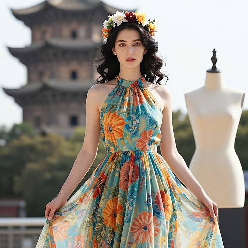 Photograph of a fair-skinned woman with curly black hair, wearing a floral sundress and flower crown, standing outdoors near a mannequin and