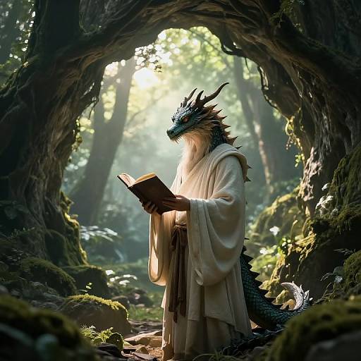 Photorealistic digital art: Dragon-human hybrid in white robe, reading a book in a sunlit forest cave with mossy, arched entrance.