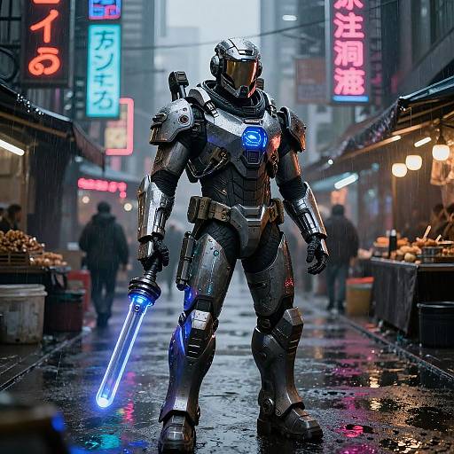 Photorealistic CGI: Metallic-clad, futuristic warrior with glowing blue lightsaber stands on wet, neon-lit urban street market, surrounded by blurred