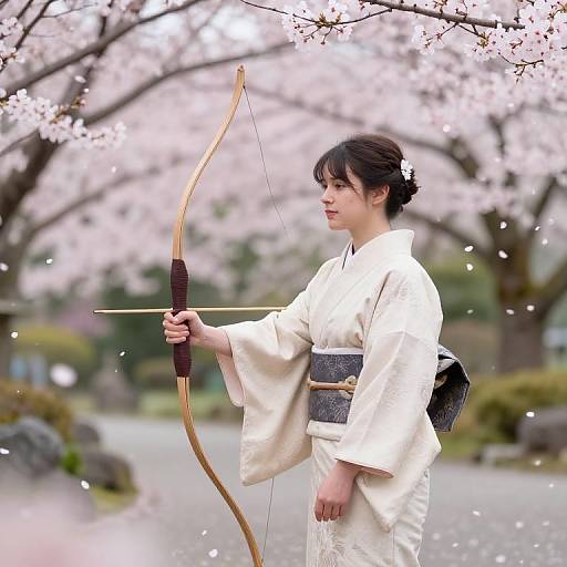 Photograph of an Asian woman in a white kimono, standing in a cherry blossom garden, drawing a traditional wooden bow. Pink cherry blossoms and
