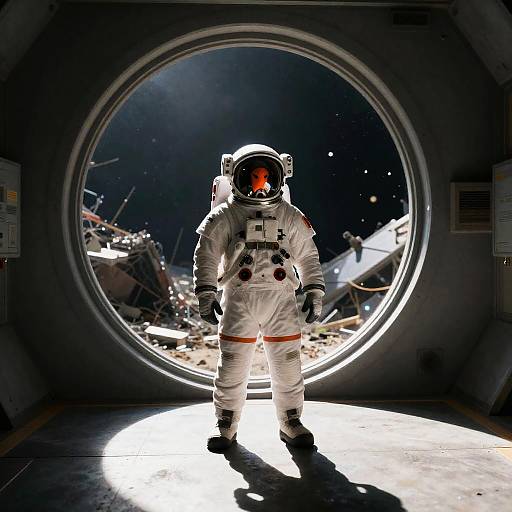 Astronaut in Dark Tunnel Facing Chaos