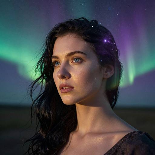 Photograph of a fair-skinned woman with dark, wet hair, blue eyes, and subtle freckles, gazing at the Northern Lights,