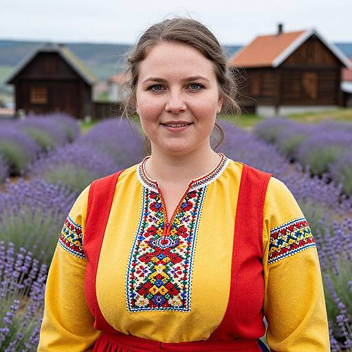 Photograph of a smiling woman with light brown hair in a traditional yellow and red embroidered dress, standing in a lavender field with wooden houses in the background